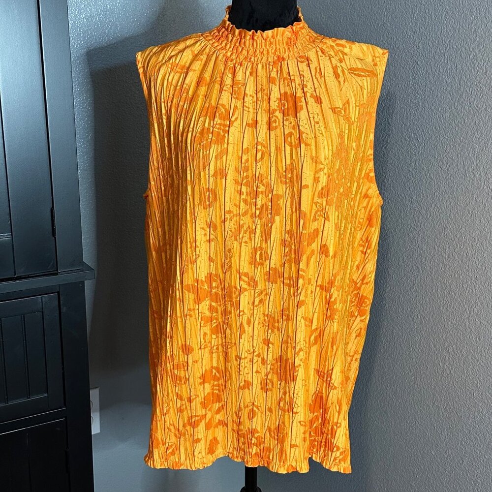 Cato Blouse 18/20W Orange Floral Pleated Sleeveless Mock Neck Floral Stretch Top